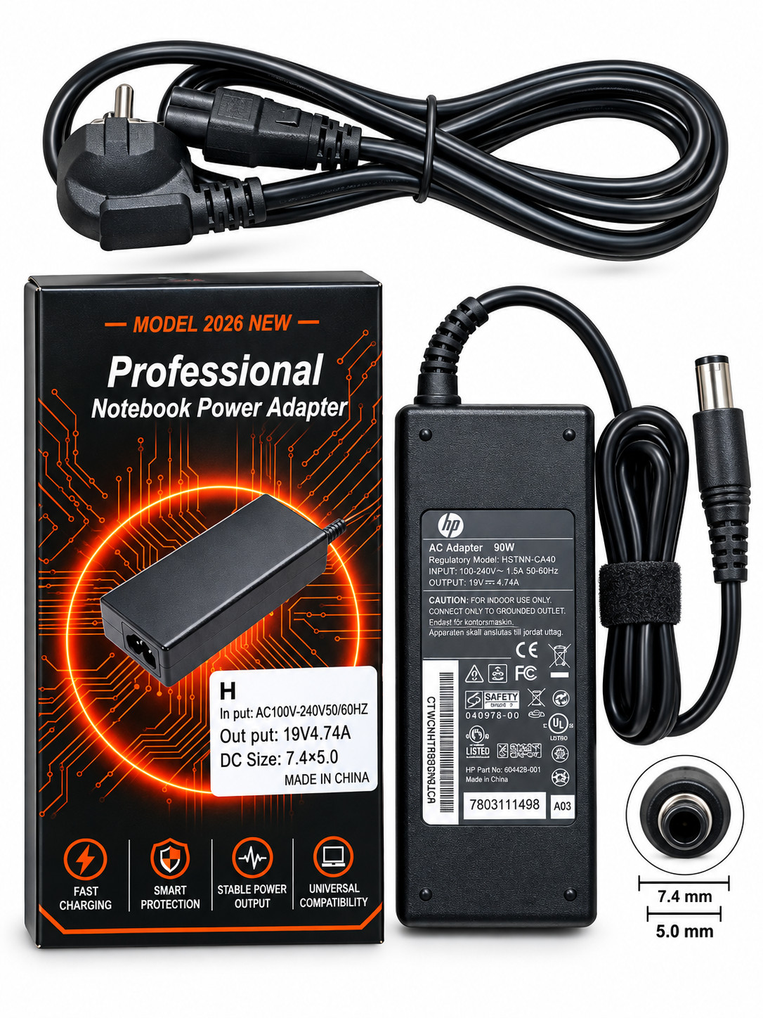 Noutbuk adapteri HP 90 W 7.4×5.0 mm qara