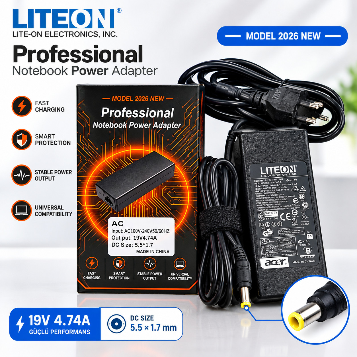 Noutbuk adapteri Acer 90 W 5.5×1.7 mm qara