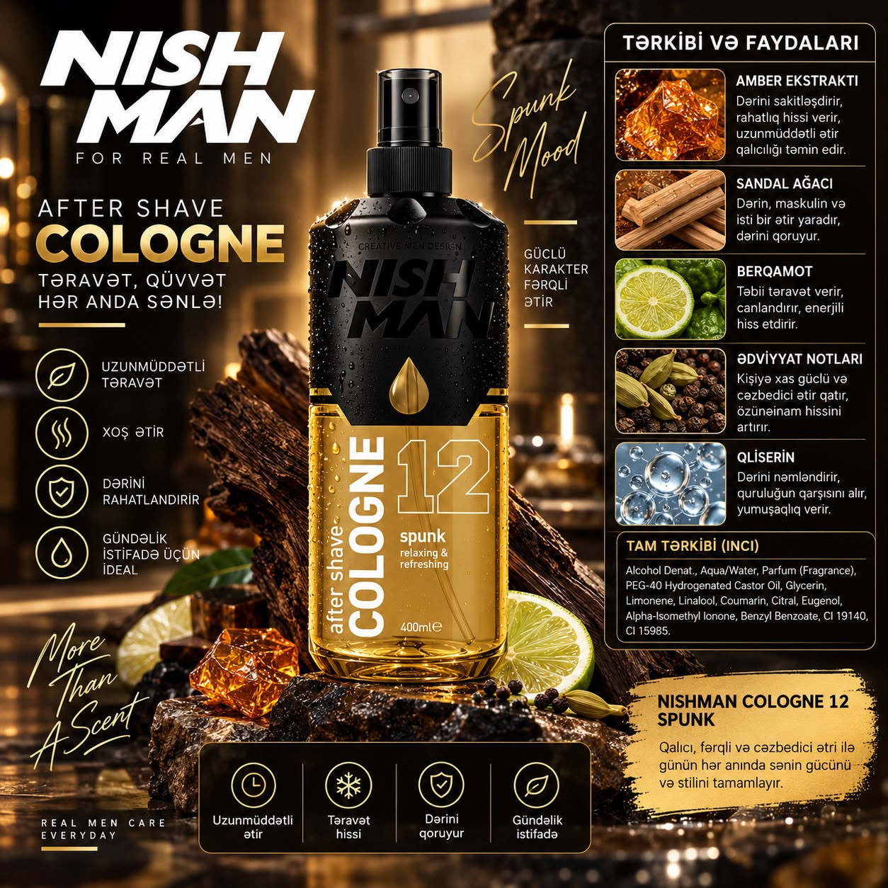 Təraş sonrası odekolon Nishman No.12, Hydrogen, bütün dəri növləri, 400 ml