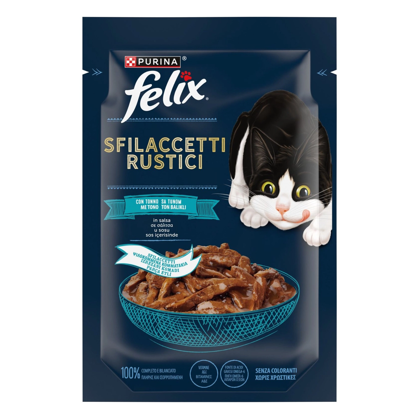 Felix Sfilaccetti Rustici yaş yem - sousda tuna balığı ilə yetkin pişiklər üçün 80 qr.