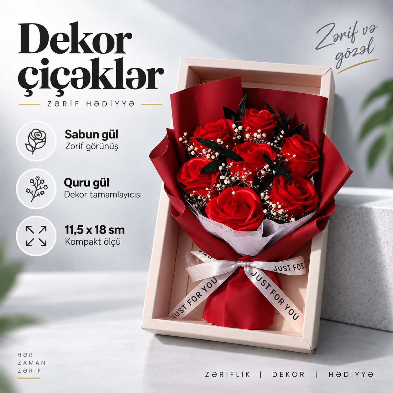 Sabun Qızılgül və Qurudulmuş Çiçək Buketi EB_1431, qırmızı