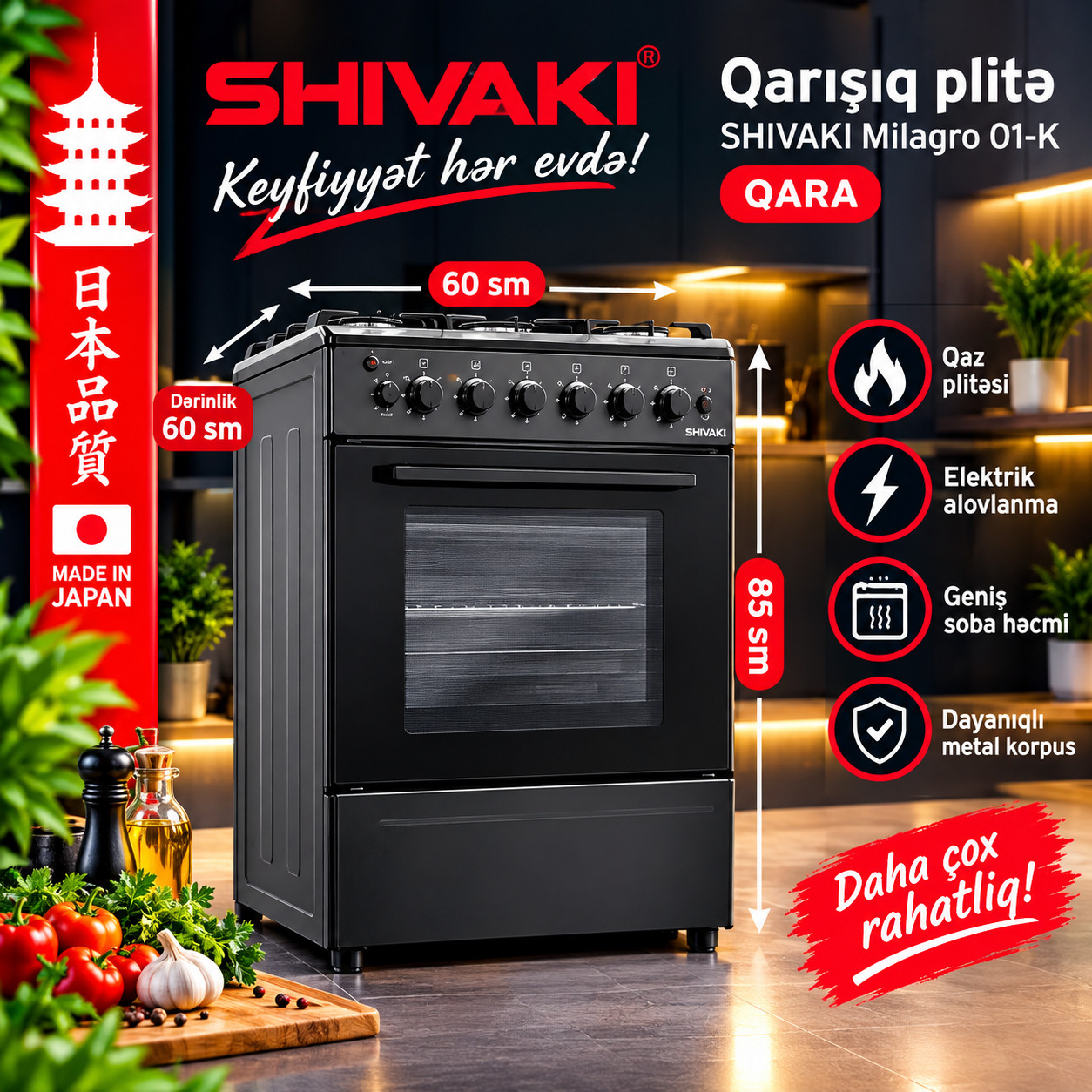 Qarışıq plitə Shivaki Milagro 01-K 4 konforlu qara enerji sinfi A