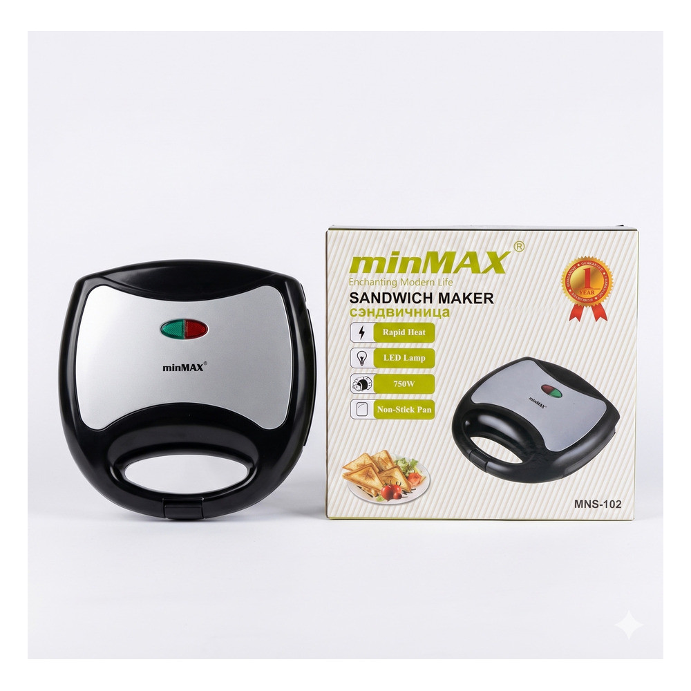 Sendviç cihazı MinMax MNS-102, 750 Vt, qara, gümüşü, formanın yanmağa qarşı örtüyü