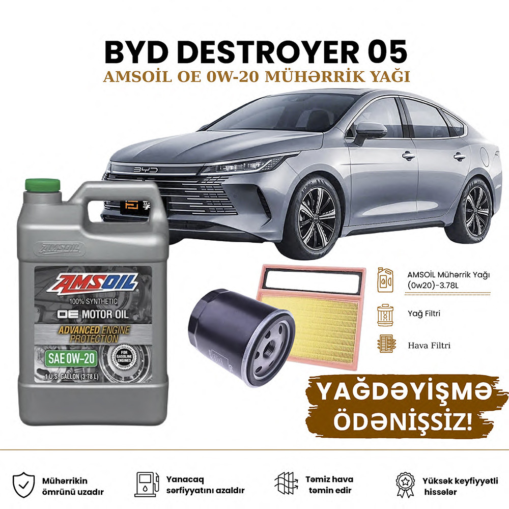 Yağ dəyişdirmə dəsti Amsoil OE Seriyası, BYD Destroyer 05, hava filtri, yağ filtri, motor yağı, plug-in hibrid
