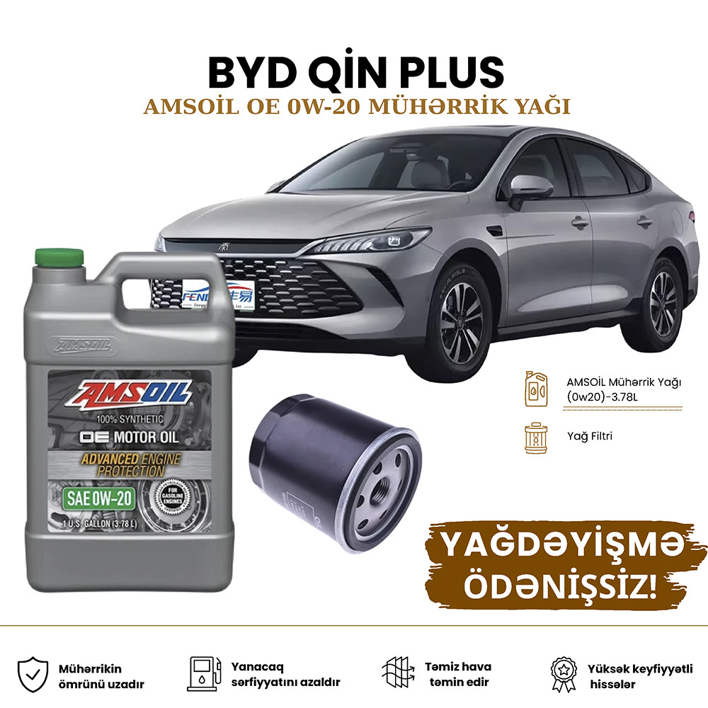 Yağ dəyişdirmə dəsti Amsoil OE Seriyası, BYD Qin Plus, motor yağı, yağ filtri, plug-in hibrid