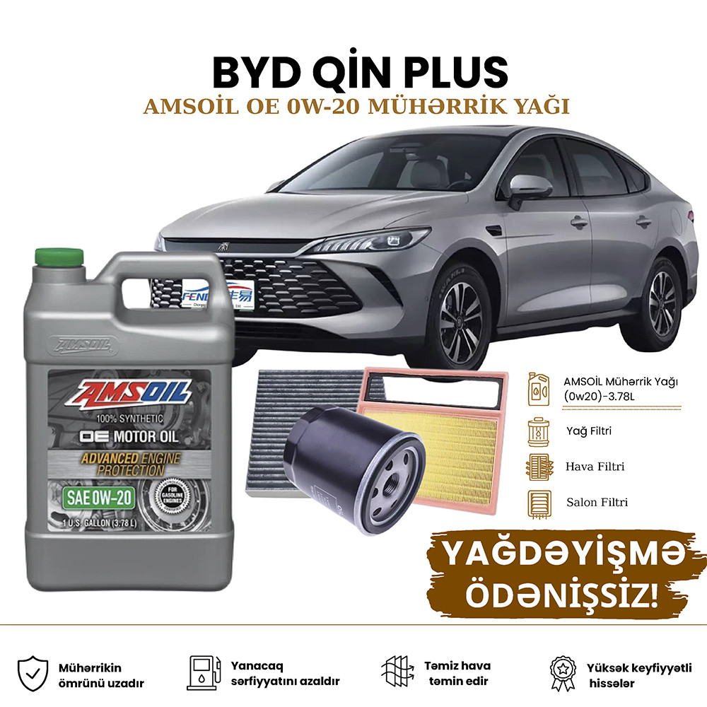 Yağ dəyişdirmə dəsti Amsoil OE Seriyası, BYD Qin Plus, motor yağı, yağ filtri, hava filtri, salon filtri, plug-in hibrid