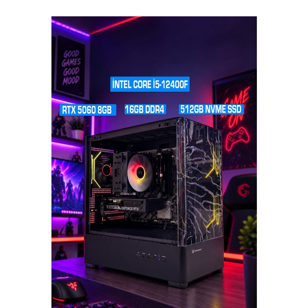 Masaüstü kompüter Intel Core i5-12400F / DDR4 16GB 3200MHZ / M.2 512GB NVME SSD/ RTX 5060 8GB / 650W 80+Bronze / FREEDOS