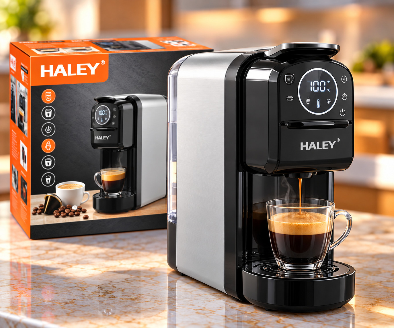 Qəhvə maşını Haley, Kapsullu, 1400 Vt, 0.7 L, Gümüşü, Qara
