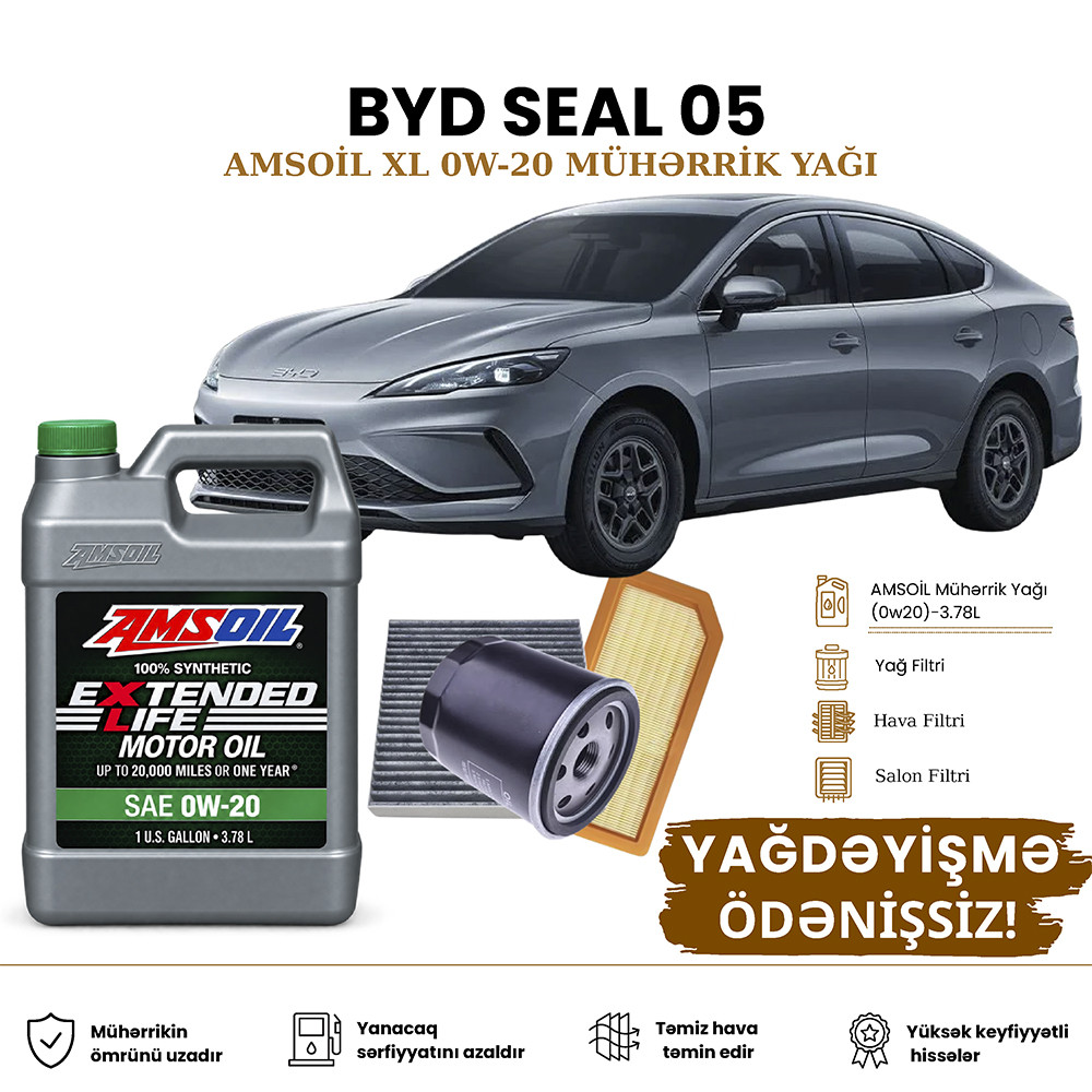 Yağ dəyişdirmə dəsti Amsoil, BYD Seal 05 üçün, 0W-20 Extended Life (XL), motor yağı/yağ filtri/hava filtri/salon filtri