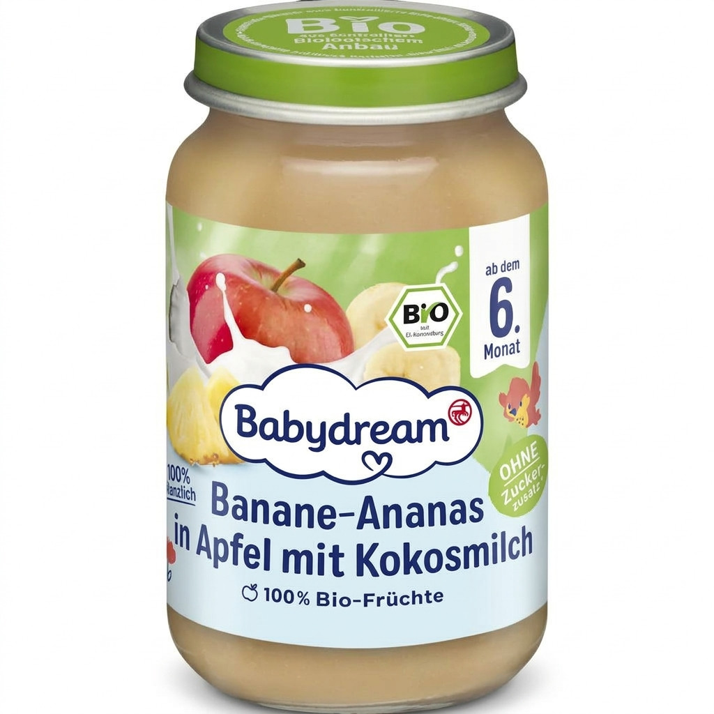 Püre Babydream banan-ananas və alma kokos südü ilə, 190 q, 6 aydan