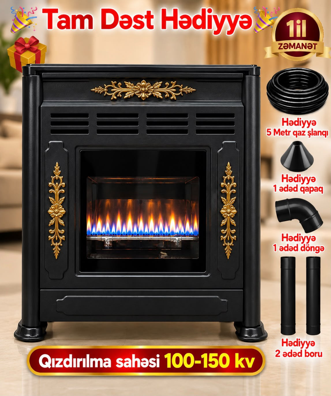 Kamin, qara, 100-150 m²