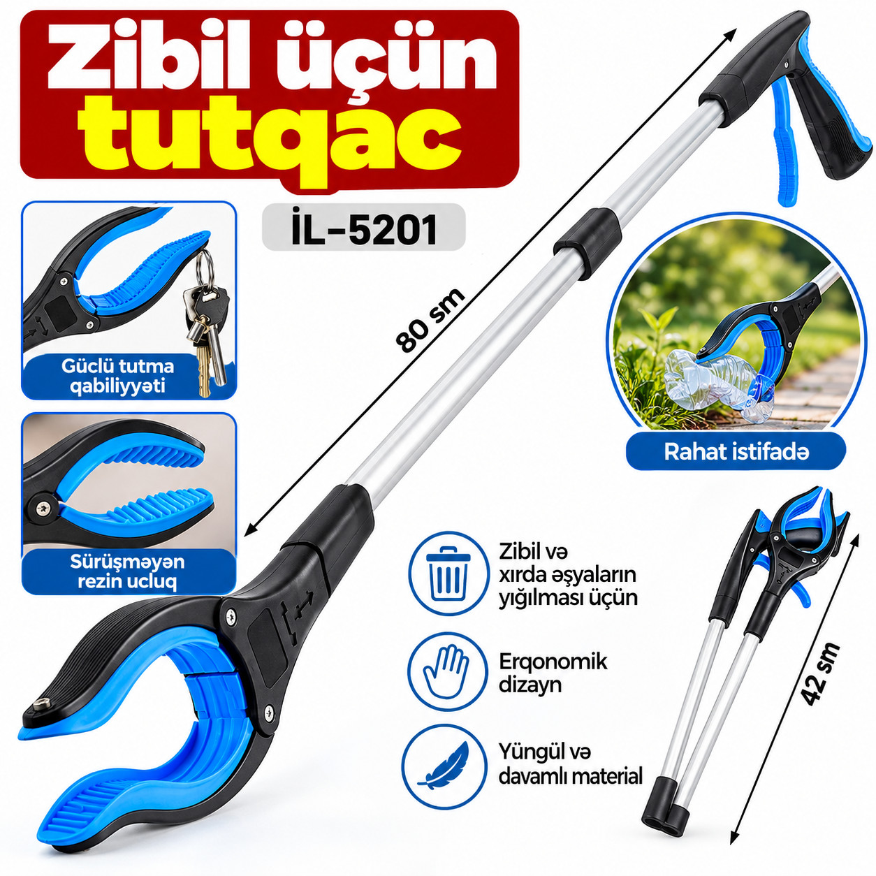Zibil üçün tutqac, paslanmayan polad/plastik, göy/qara