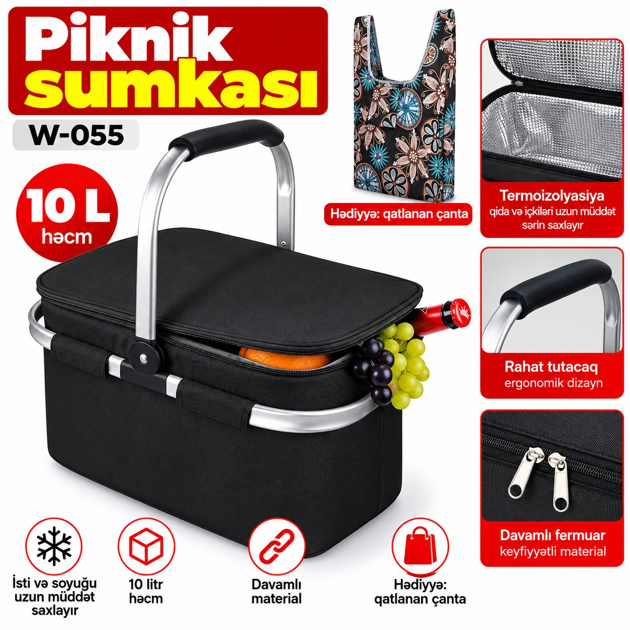 Termoçanta W-055, qara, 10 l