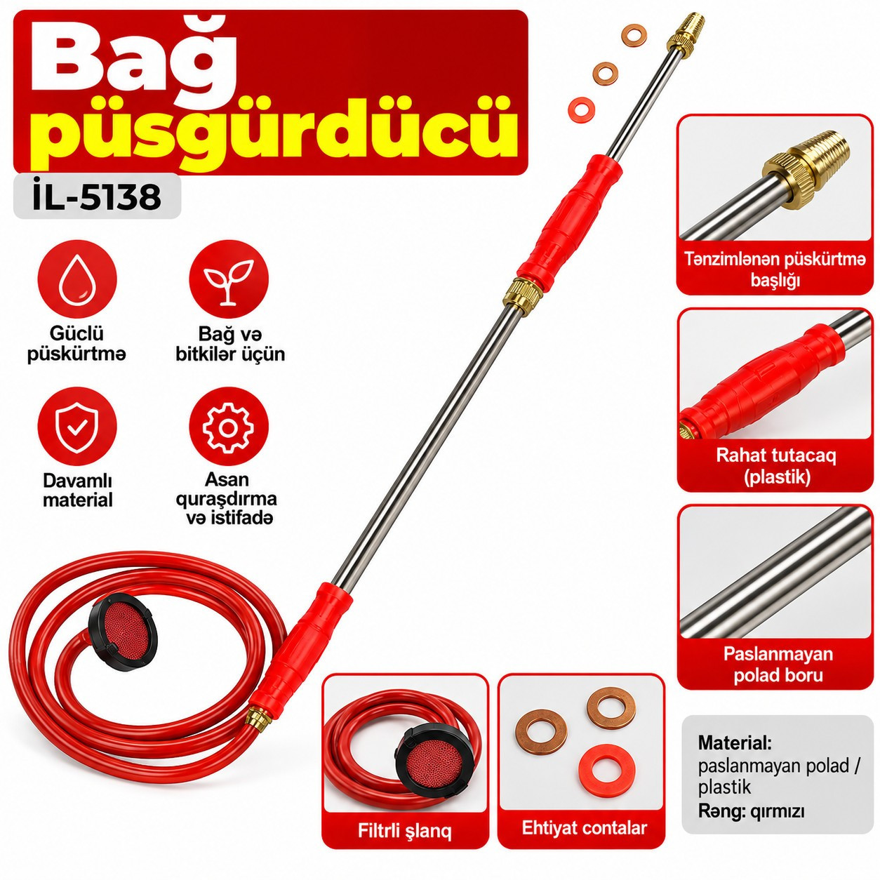 Püsgürdücü IL-5138, plastik/paslanmayan polad, qırmızı