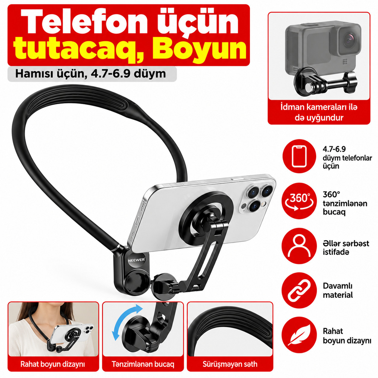 Smartfon üçün tutacaq, boyuna asılan, qara, plastik