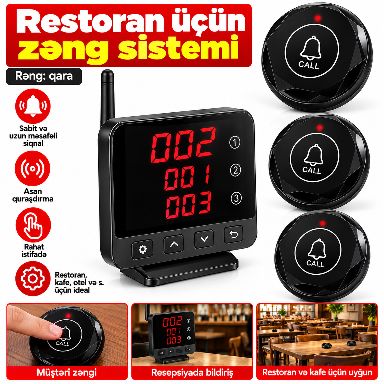 Restoran üçün zəng sistemi, Qara, Simsiz