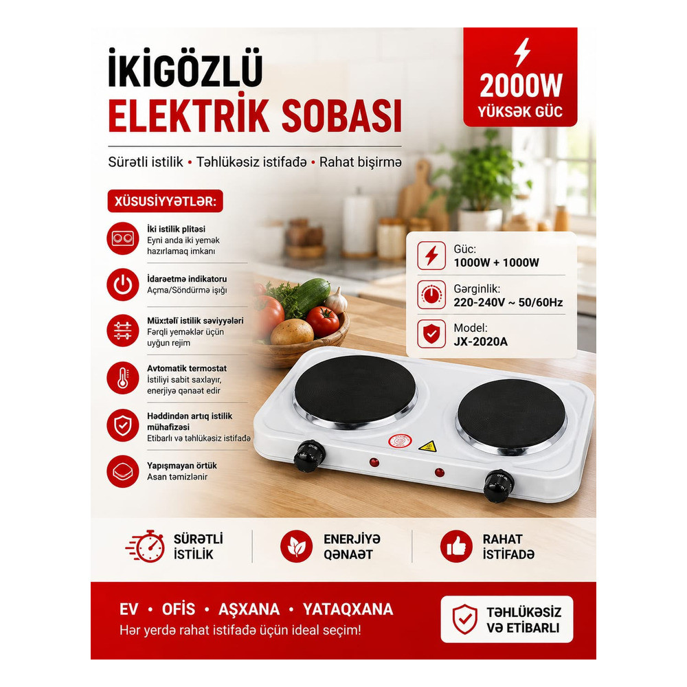 Masaüstü elektrik bişirici Hot Plate, Çuqun, 2000 Vt, 2 konforlu, 155 mm
