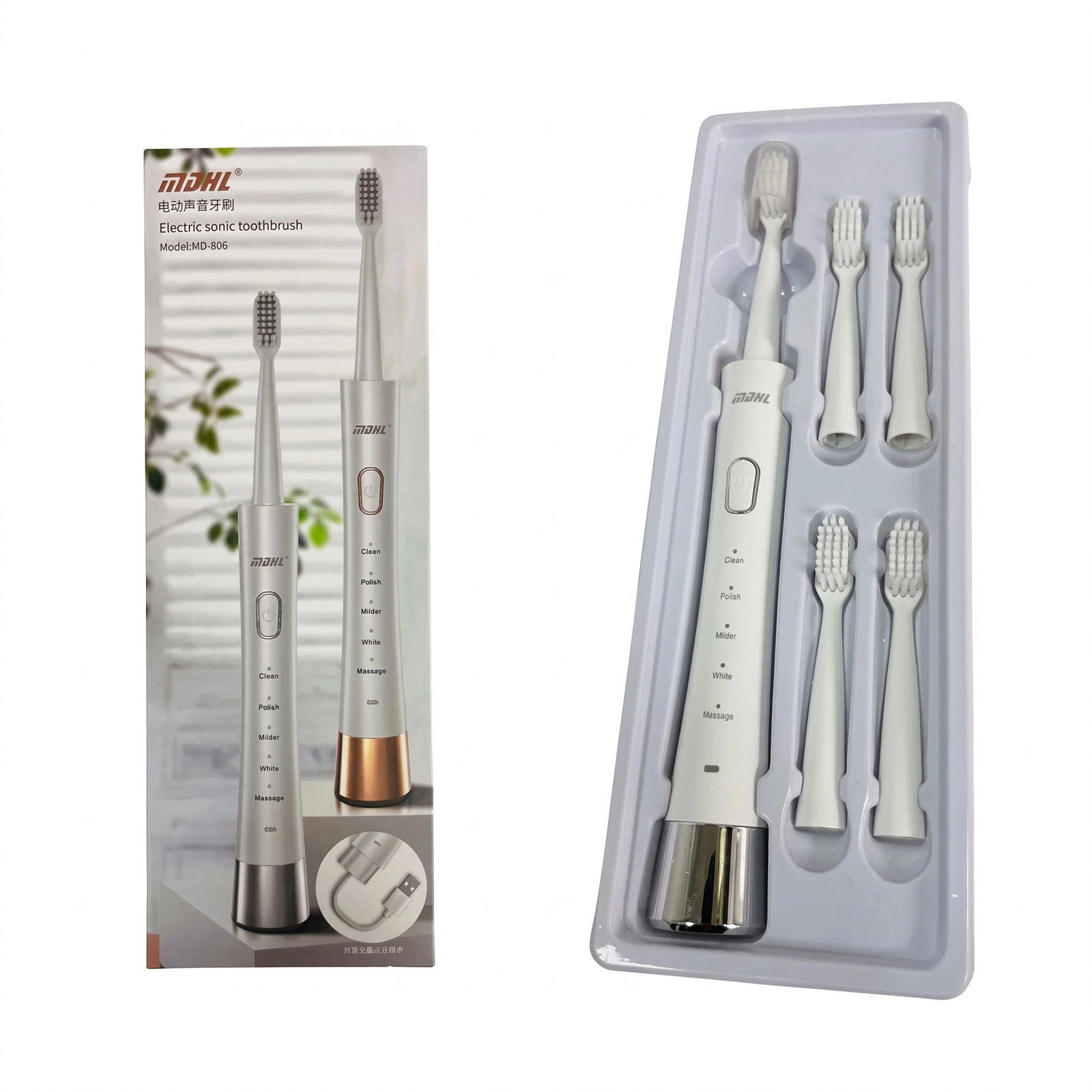 Elektrik diş fırçası MDHL, Tərsinə fırlanan, Ağ/Gümüşü, USB