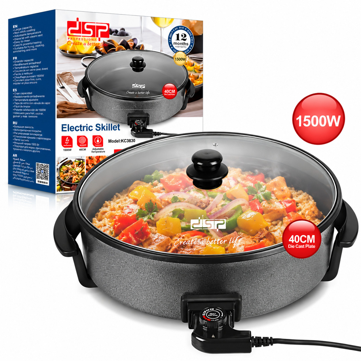 Elektrik tava DSP KC3030A, 1500 Vt, 7.5 l, qara