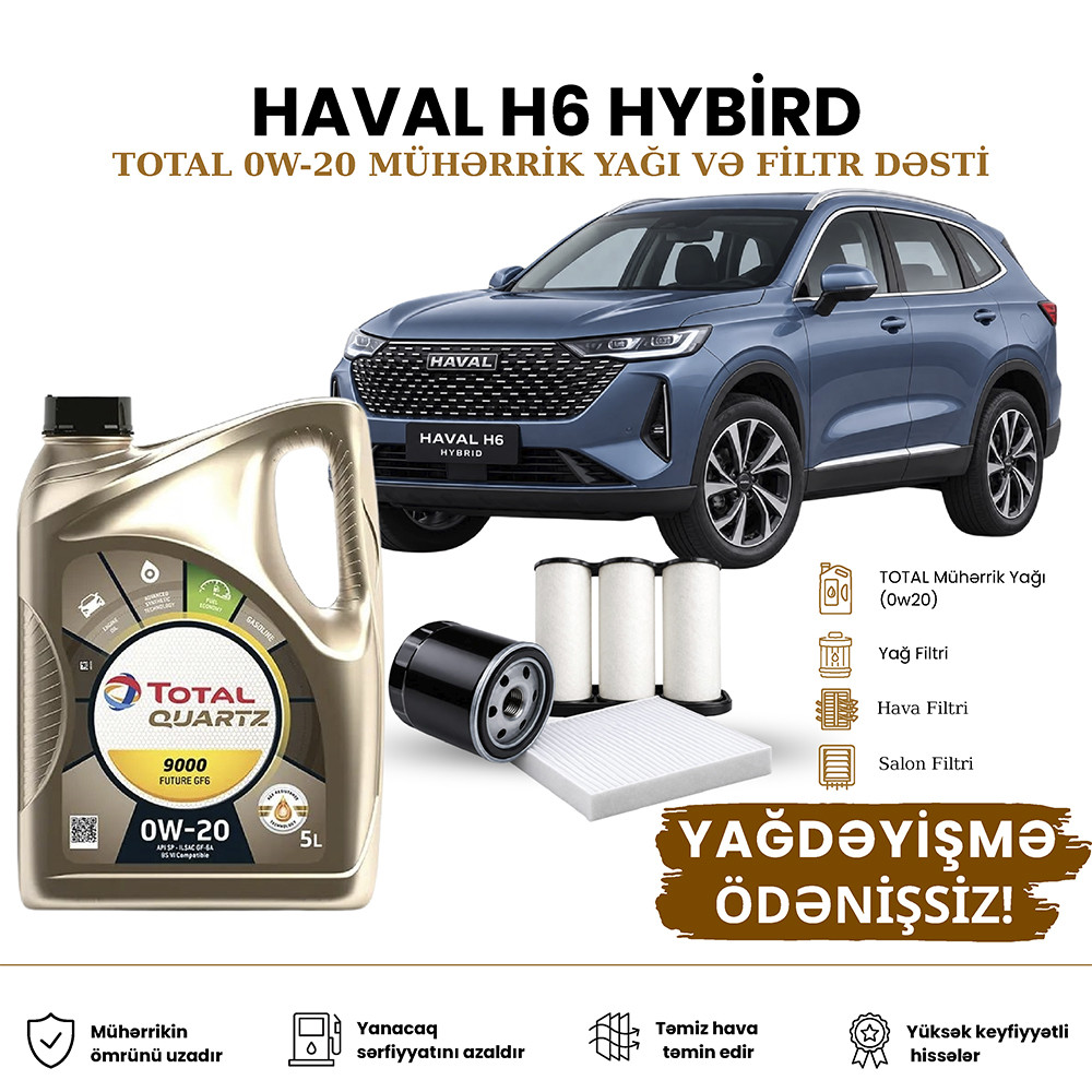 Yağ dəyişdirmə dəsti Total 0W-20, Haval H6 Hibrid üçün, Motor yağı, Yağ filtri, Hava filtri, Salon filtri, Pulsuz yağ dəyişmə