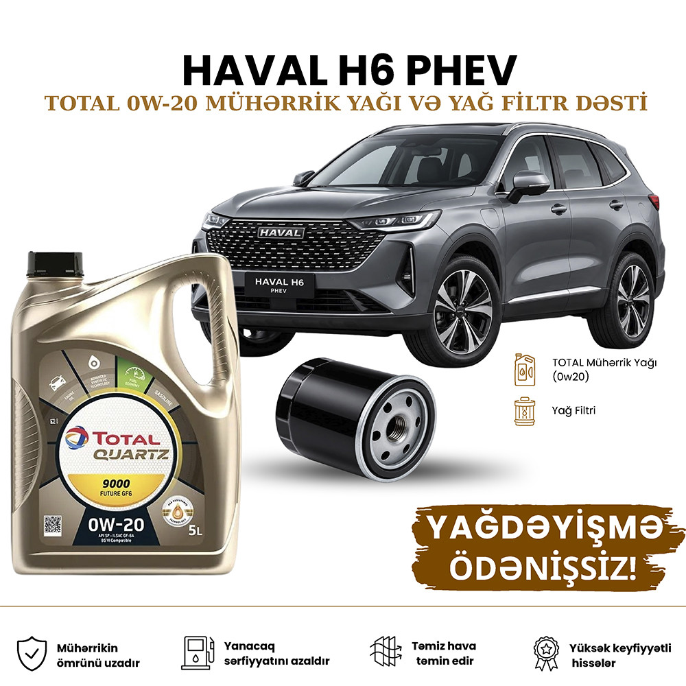Yağ dəyişdirmə dəsti Total, 0W-20, Haval H6 Phev üçün, Motor yağı/Yağ filtri, Pulsuz yağ dəyişmə, Benzin