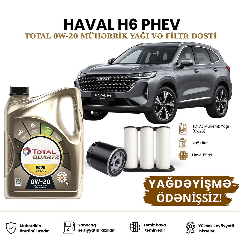 Yağ dəyişdirmə dəsti Total, Haval H6 Phev, 0W-20, Mühərrik yağı, Yağ filtri, Hava filtri, Pulsuz yağ dəyişmə, Plug-in Hybrid