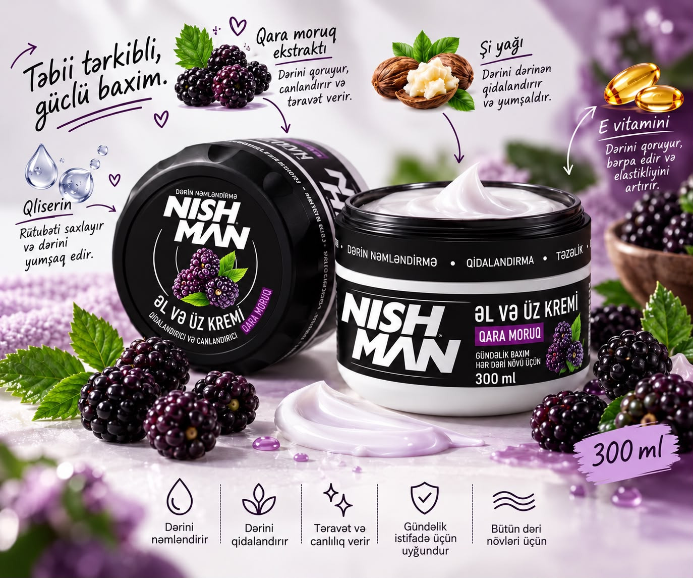 Əl və üz kremi kişilər üçün Nishman Blackberry 300 ml
