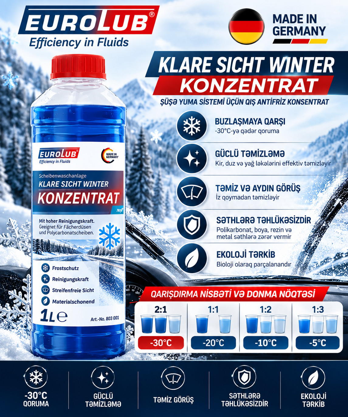 Şüşəsilənlər üçün maye Eurolub Klare Sicht Winter Konzentrat, Konsentrat, 1000 ml