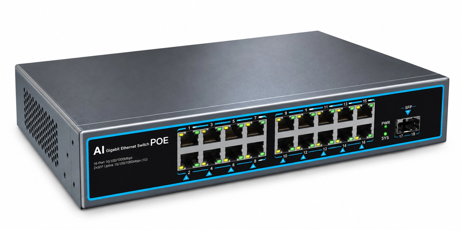 Kommutator Avitel AViTEL-16 Port 100 Mbps PoE 7.6 Gb/s 19 port idarəsiz 1 SFP