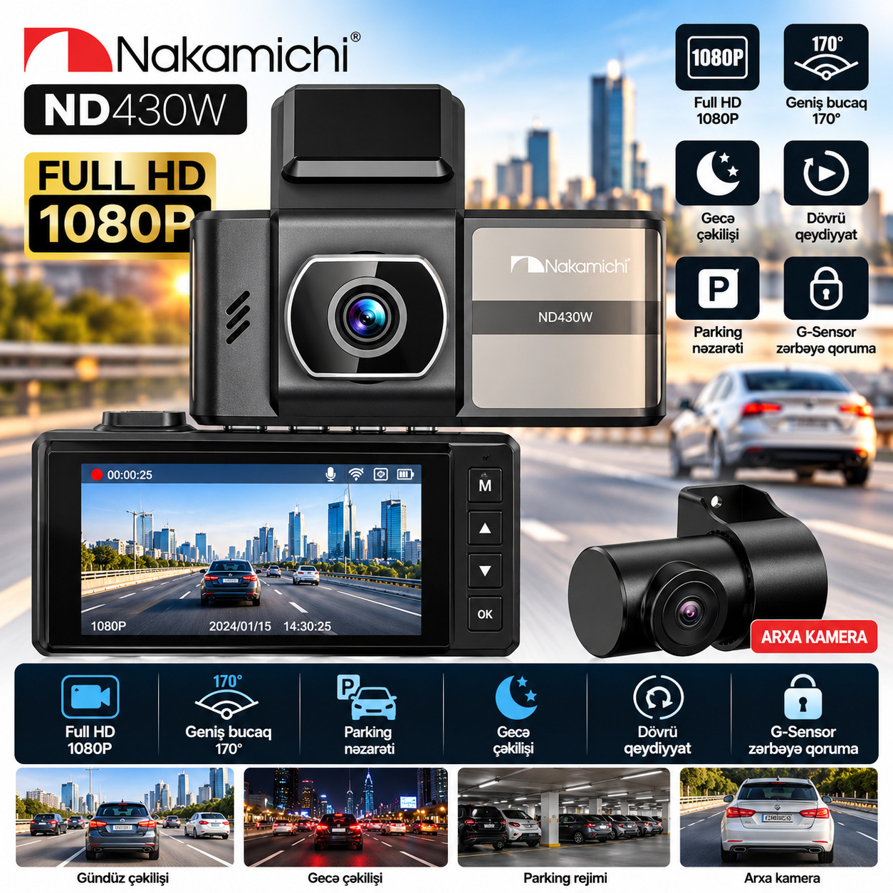 Videoqeydiyyatçı Nakamichi ND430, İki kanallı (ön + arxa), 1080p FHD, 170 °