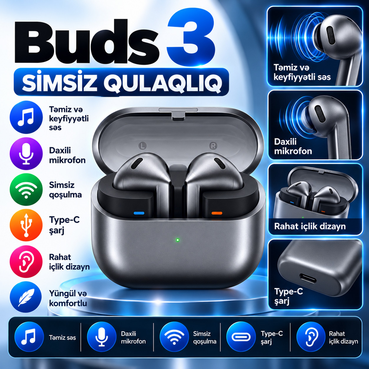Qulaqlıq No brand, Buds3, İçlik (qapaq), Simsiz, Boz