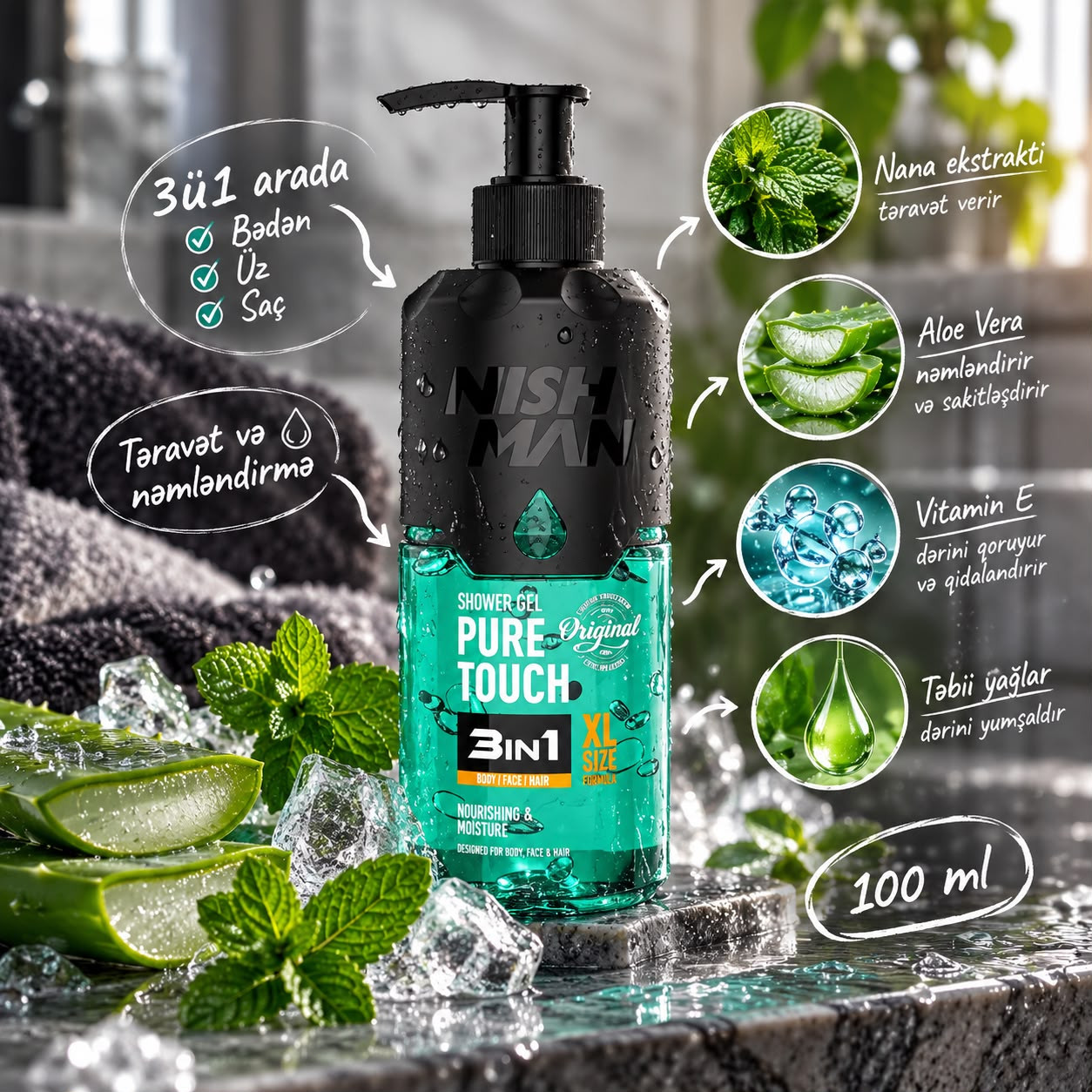 Duş üçün gel kişilər üçün Nishman Pure Touch 480 ml