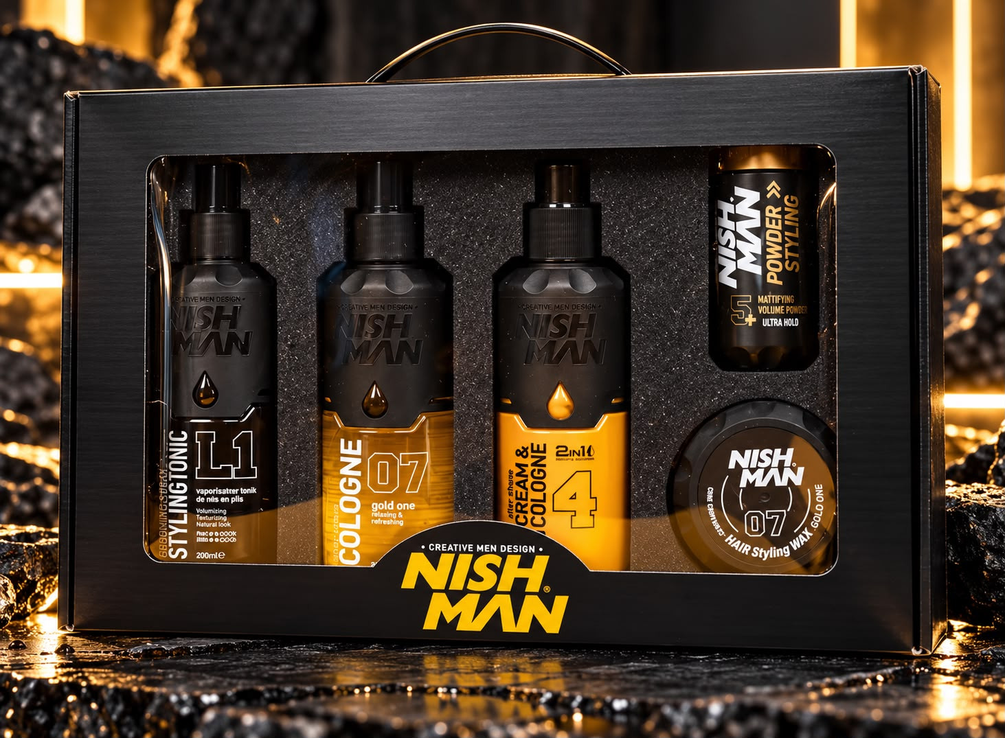 Saçlara və üzə qulluq vasitələri dəsti Nishman Gold (saçlar üçün toz 20 q + saçlar üçün tonik 200 ml + təraş sonrası odekolon 200 ml + təraş sonrası krem 200 ml + saçlar üçün mum 100 ml)