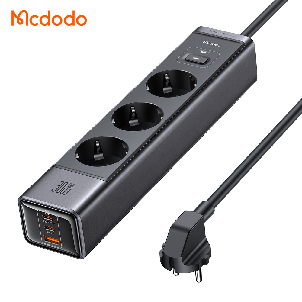 Şəbəkə filtri Mcdodo, USB Type-A/USB Type-C/Tip F (torpaqlamalı avro rozetka), 3 rozetka, 2500 Vt