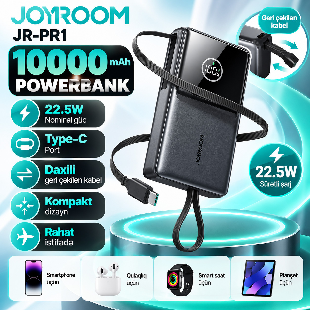 Xarici akkumulyator Joyroom JR-PR1, 10000 mAh, 22.5 Vt, qara, Type-C