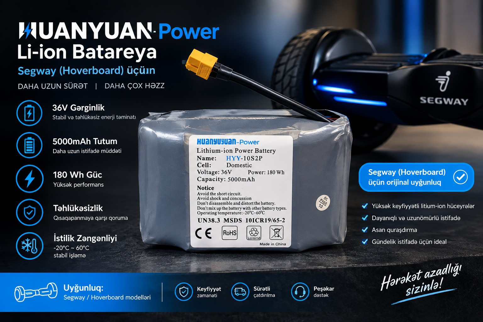 Akkumulyator Huanyuan Segway / Hoverboard üçün Li-ion 5000mAh 180Wh