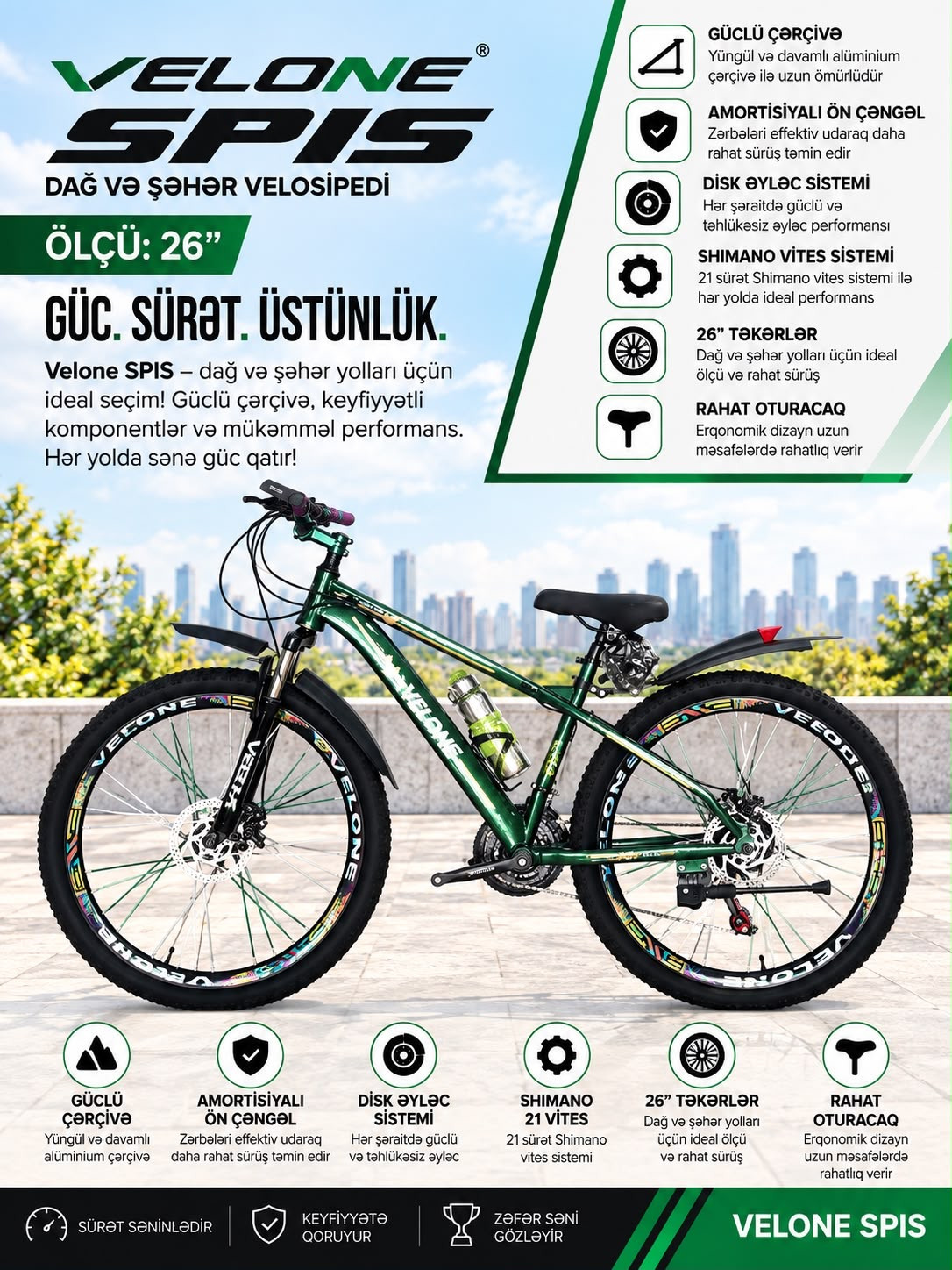 Dağ velosipedi Velone Spis, 26 düym, Yaşıl