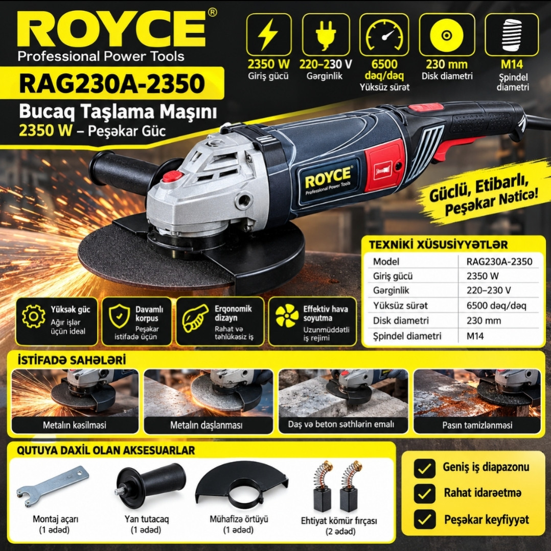 Bucaqlı daşlama maşını Royce RAG230A-2300 məişət/professional şəbəkəli