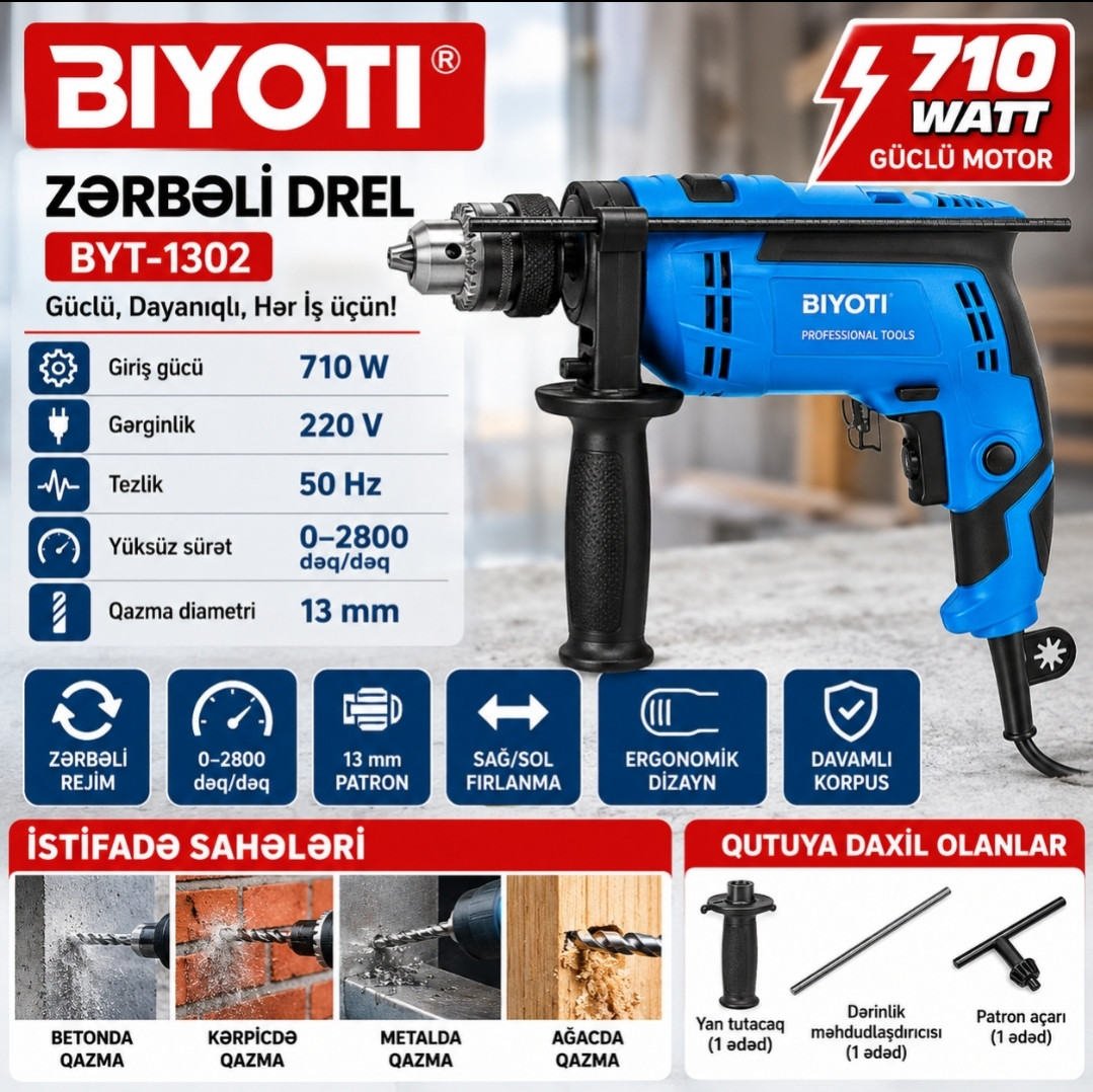 Drel Biyoti BYT-1302 məişət/professional şəbəkəli 710 W