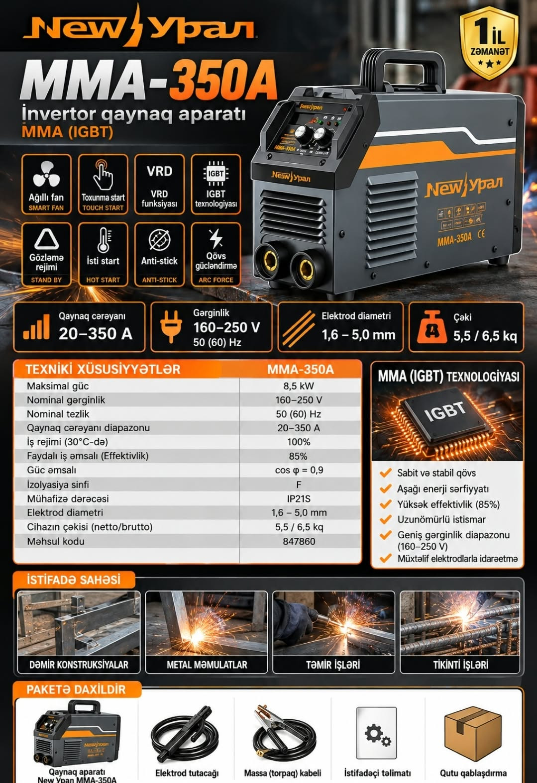 Qaynaq aparatı Урал MMA-350A, Qövs qaynağı üçün, 8500 Vt