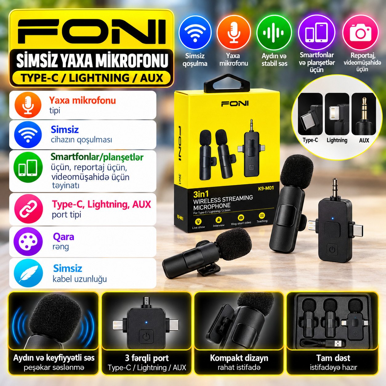 Yaxa mikrofonu Foni, Simsiz (2.4 GHz), Hər istiqamətli, Qara