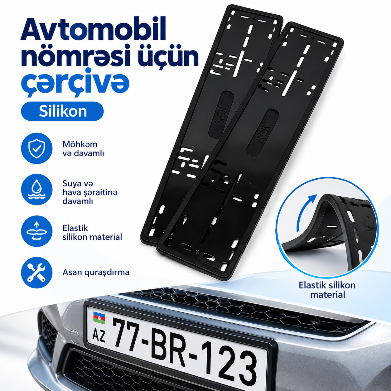 Nömrə nişanı üçün silikon çərçivə, qara, 2 əd