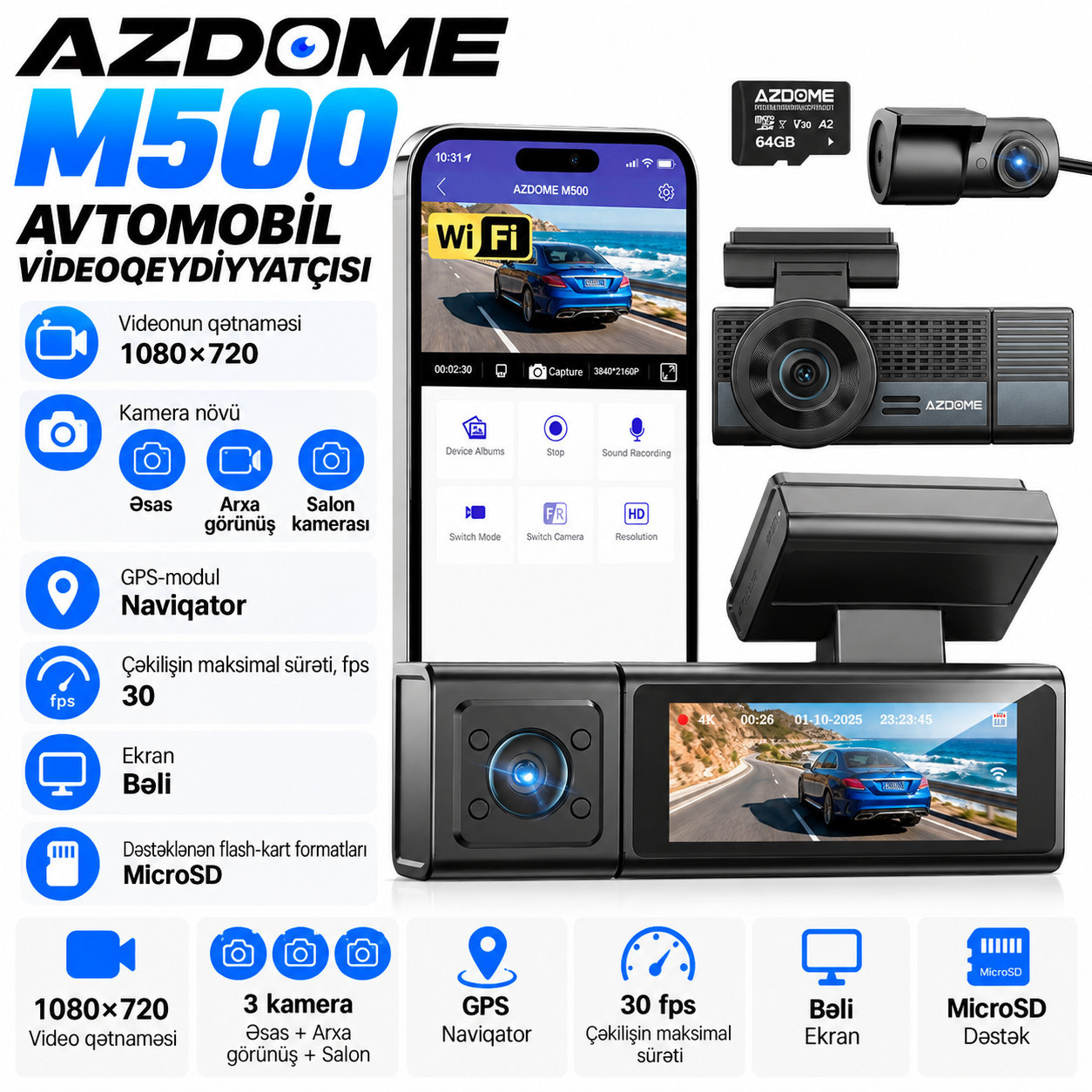 Avtomobil videoqeydiyyatçısı Azdome M500, 4K