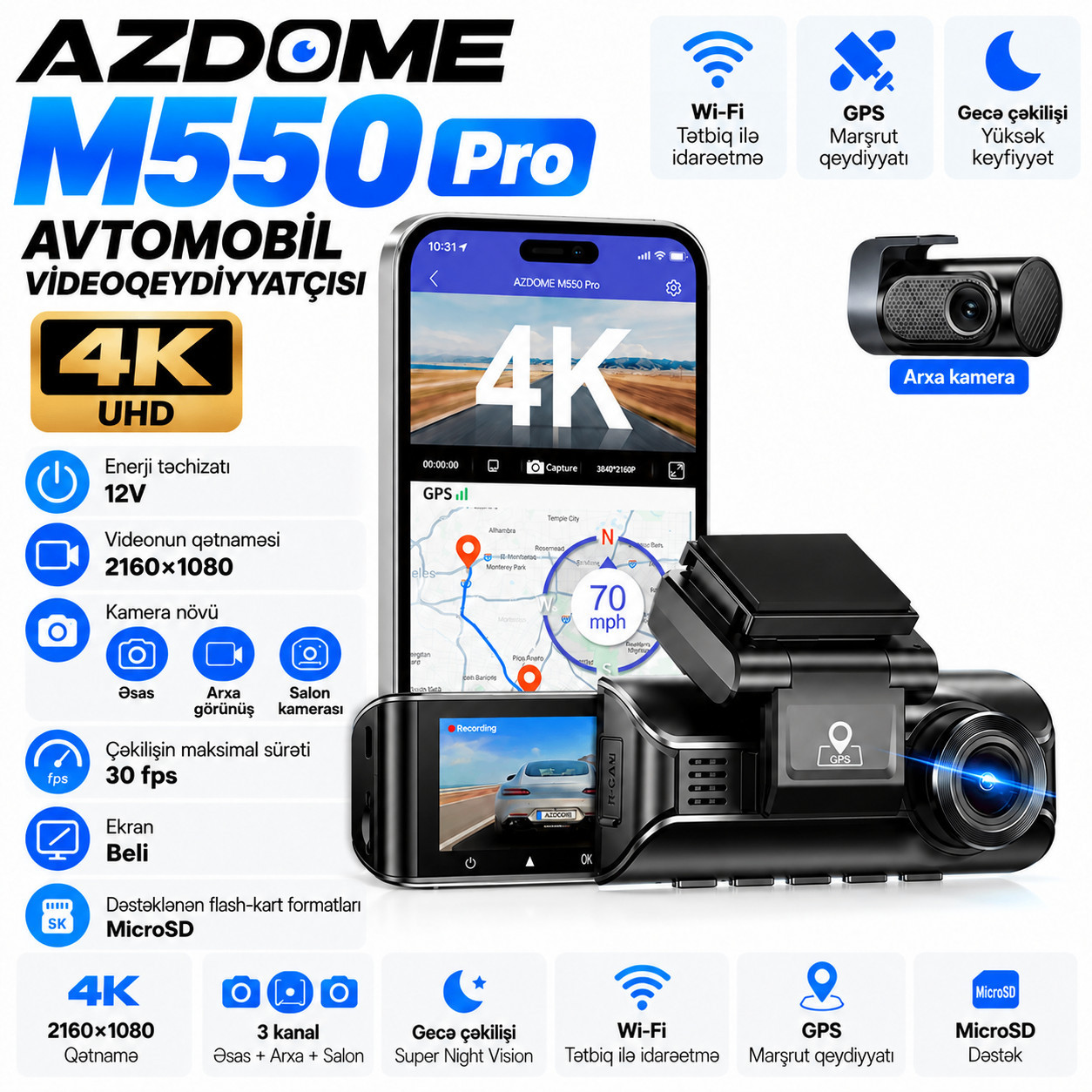 Avtomobil videoqeydiyyatçısı Azdome M550, 4K