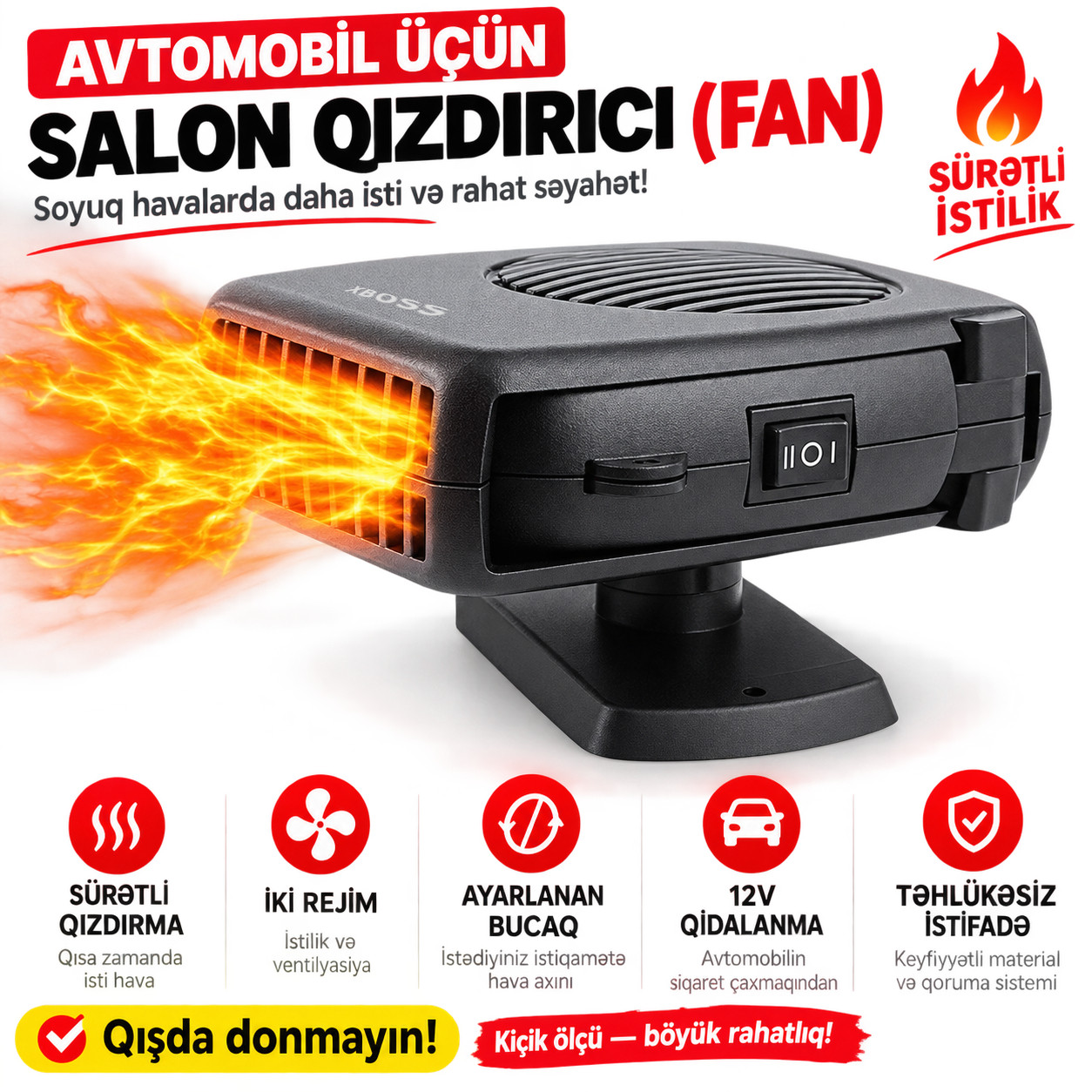 Avtomobil qızdırıcısı və ventilyatoru XBOSS 12 V 200 W alışqan yuvası üçün