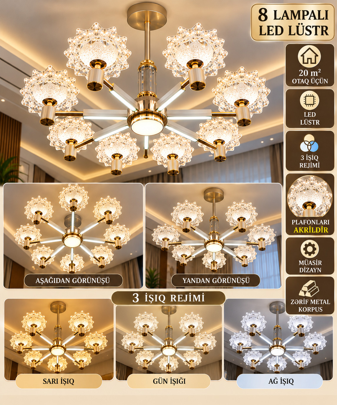 Tavan çılçırağı, LED, akril, ağ/qızılı