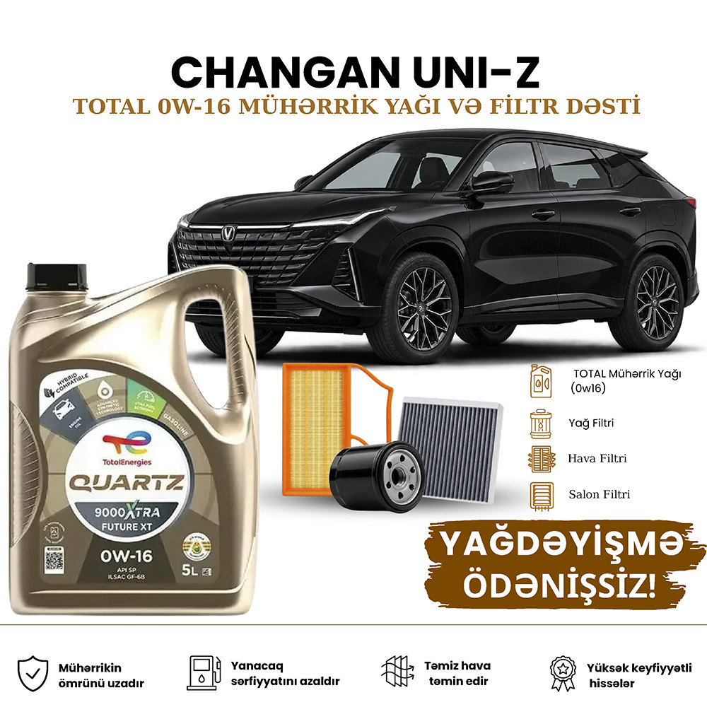 Yağ dəyişdirmə dəsti Total Changan Uni-Z Plug-in Hybrid üçün 0W-16 4 l motor yağı, yağ filtri, hava filtri və salon filtri