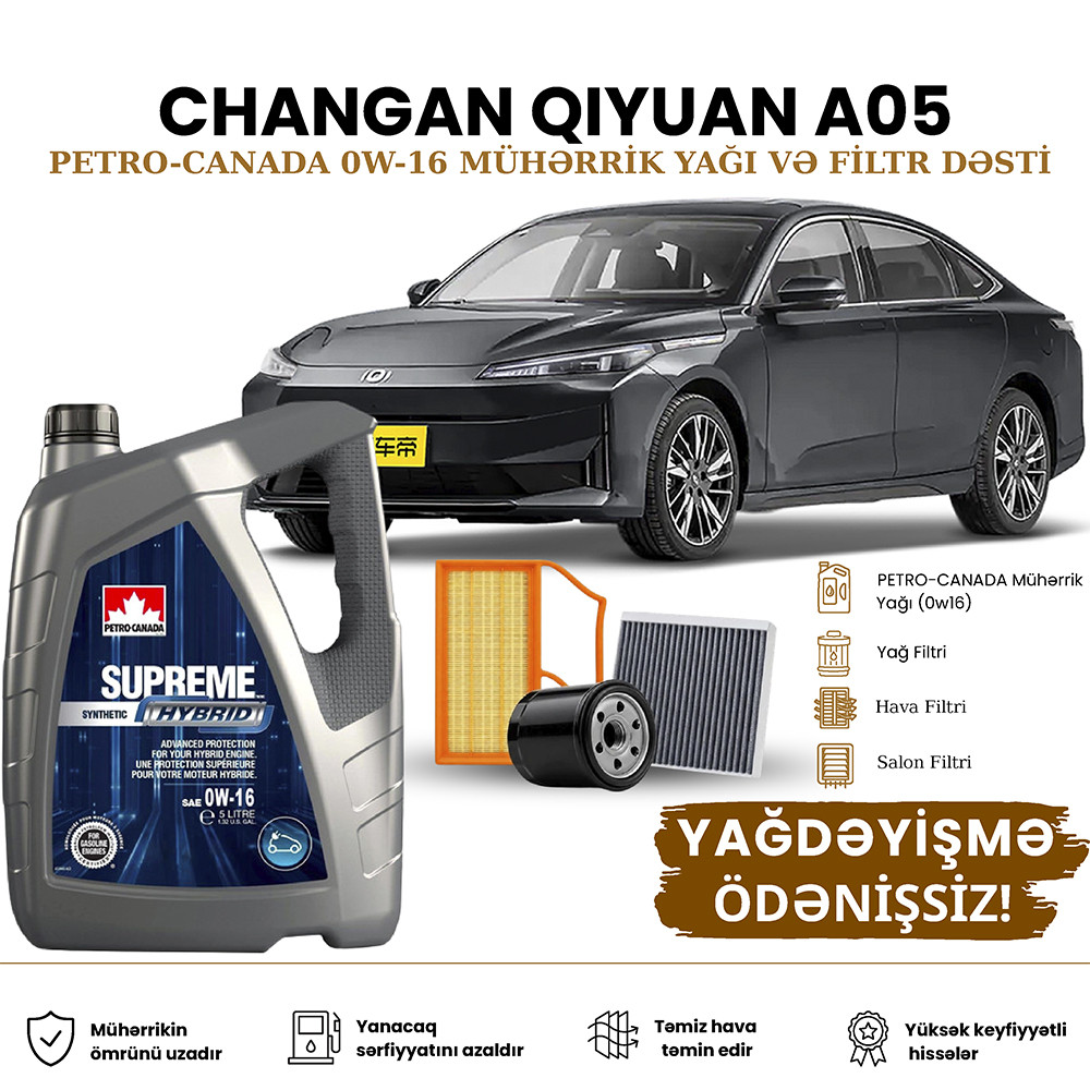 Yağ dəyişdirmə dəsti Petro-Canada Changan Qiyuan A05 Plug-in Hybrid üçün 0W-16 5 l motor yağı, yağ filtri, hava filtri və salon filtri