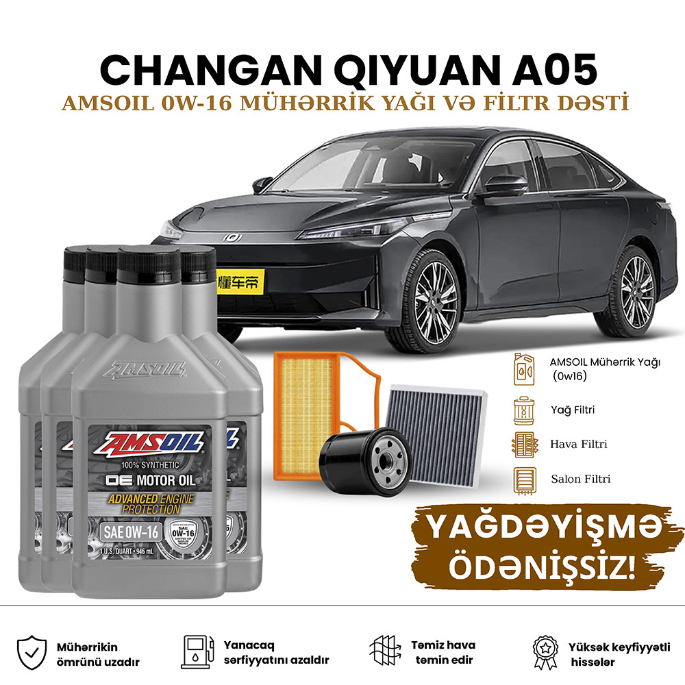 Yağ dəyişdirmə dəsti Amsoil, 0W-16 0.946 l 4 əd, Changan Qiyuan A05 üçün, Mühərrik yağı, Yağ filtri, Hava filtri, Pulsuz yağ dəyişmə, Salon filtri, Plug-in Hibrid