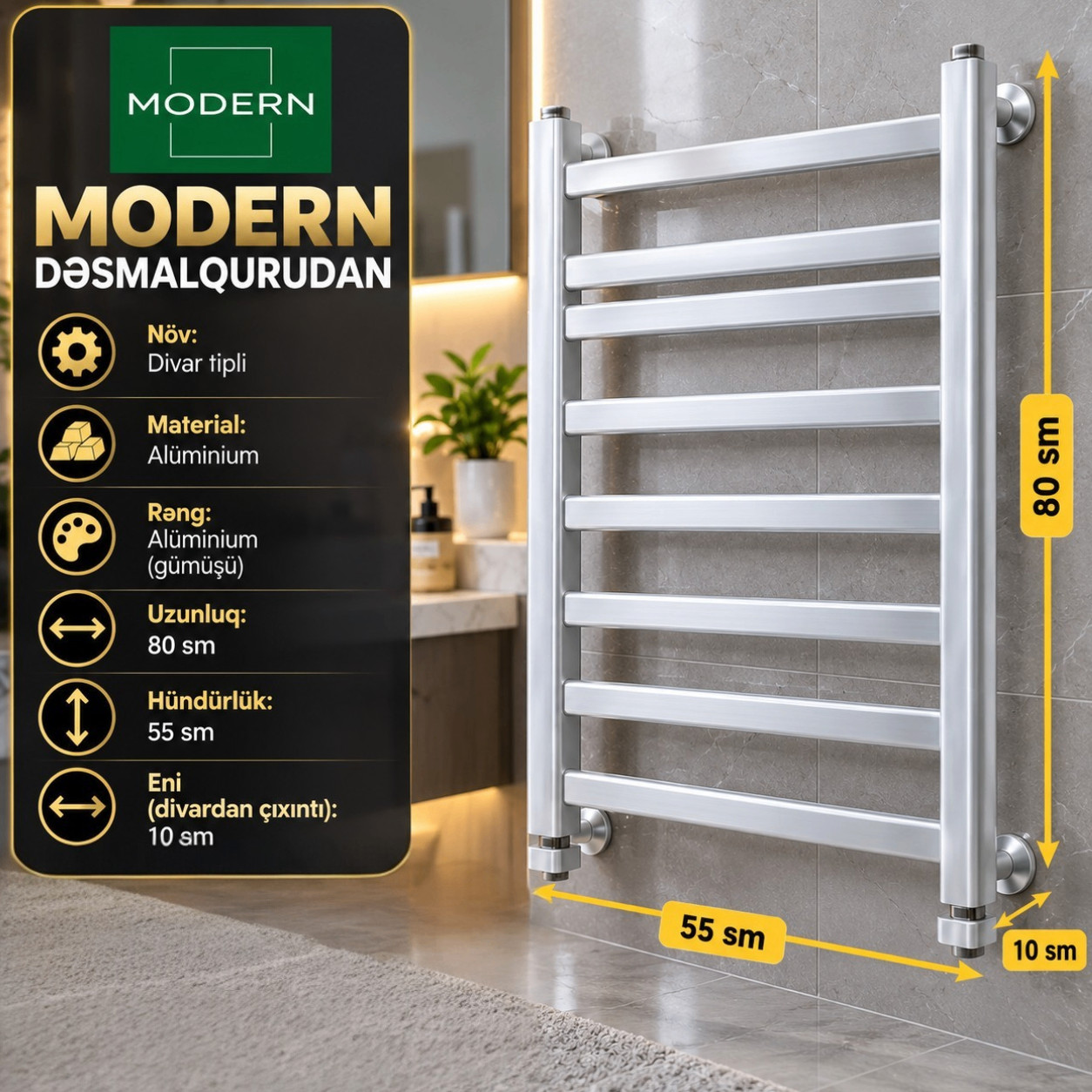 Dəsmal quruducusu Modern Home (avm_7867), su ilə işləyən, pilləkən tipli, alüminium, 80x55 sm